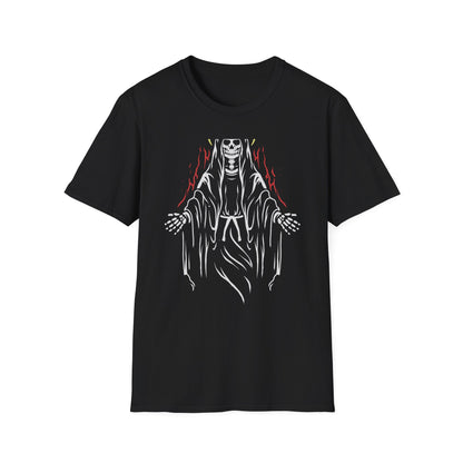 Powerful Skeletal Saint T-Shirt | Mystical Grim Reaper with Halo | Dark Goth Art Tee for Alternative Souls