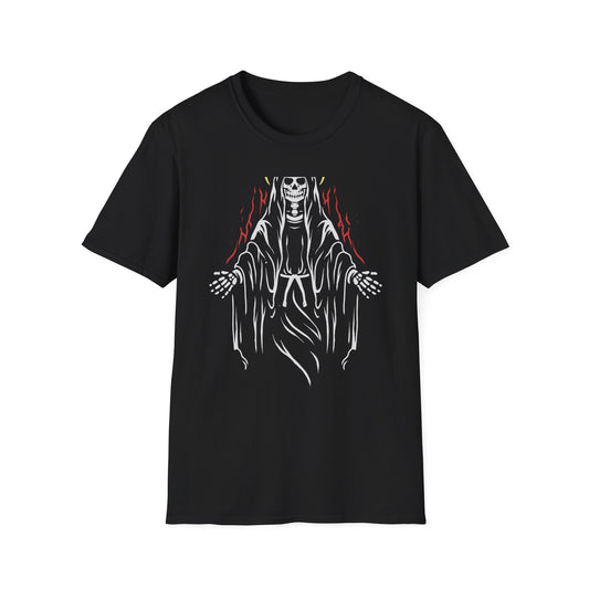 Powerful Skeletal Saint T-Shirt | Mystical Grim Reaper with Halo | Dark Goth Art Tee for Alternative Souls