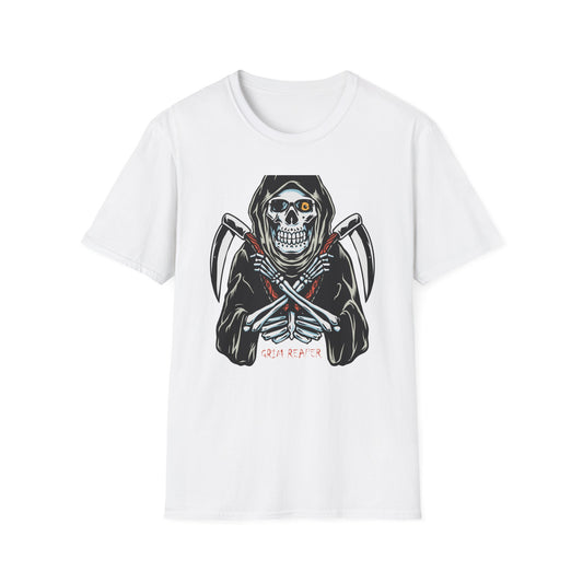 Epic Grim Reaper T-Shirt: Skull & Scythes Design. Bold Gothic Halloween Tee for Men & Women. Unleash Your Inner Darkness!