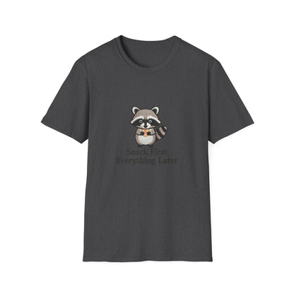 Cute Raccoon Pretzel T-Shirt - "Snack First Everything Later" Funny Foodie Animal Tee | Hilarious Comfort Lover Gift