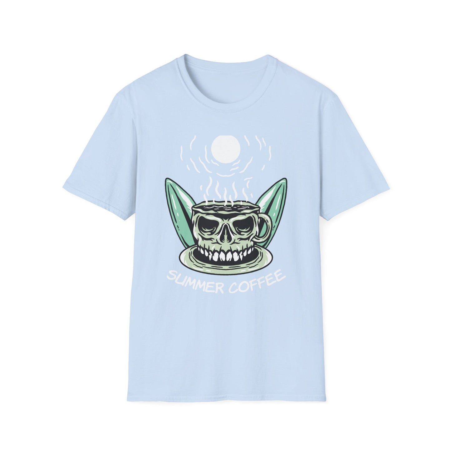 Skull Coffee Surfboard T-Shirt | Edgy Summer Beach Vibes Tee | Unique Design for Coffee Lovers & Surfers