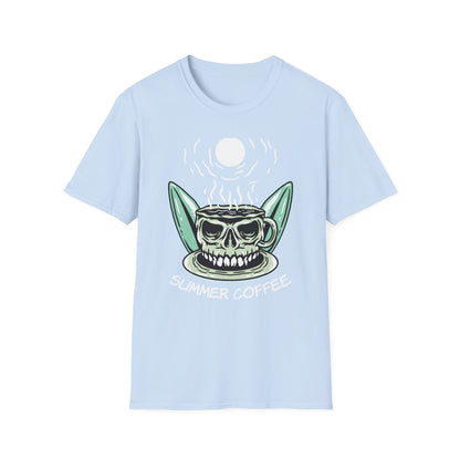 Skull Coffee Surfboard T-Shirt | Edgy Summer Beach Vibes Tee | Unique Design for Coffee Lovers & Surfers