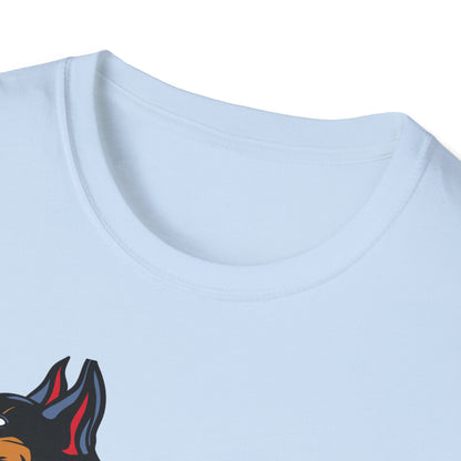 Fierce Doberman Hannya Mask T-Shirt: Epic Japanese Demon Dog Design. Bold Statement Tee for Edgy Dog Lovers & Culture Fans.