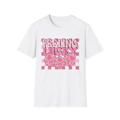 Feeling Lucky Groovy T-Shirt | Pink Heart Dice Retro Aesthetic Tee | Trendy Y2K Cute Sparkling Top for Women & Teens