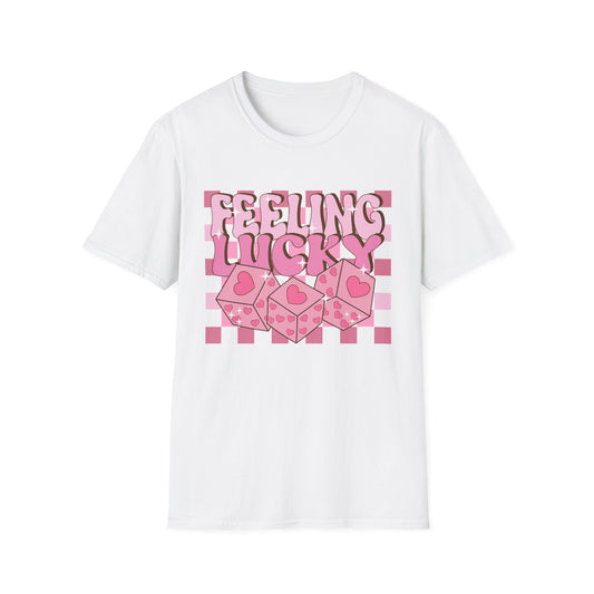 Feeling Lucky Groovy T-Shirt | Pink Heart Dice Retro Aesthetic Tee | Trendy Y2K Cute Sparkling Top for Women & Teens