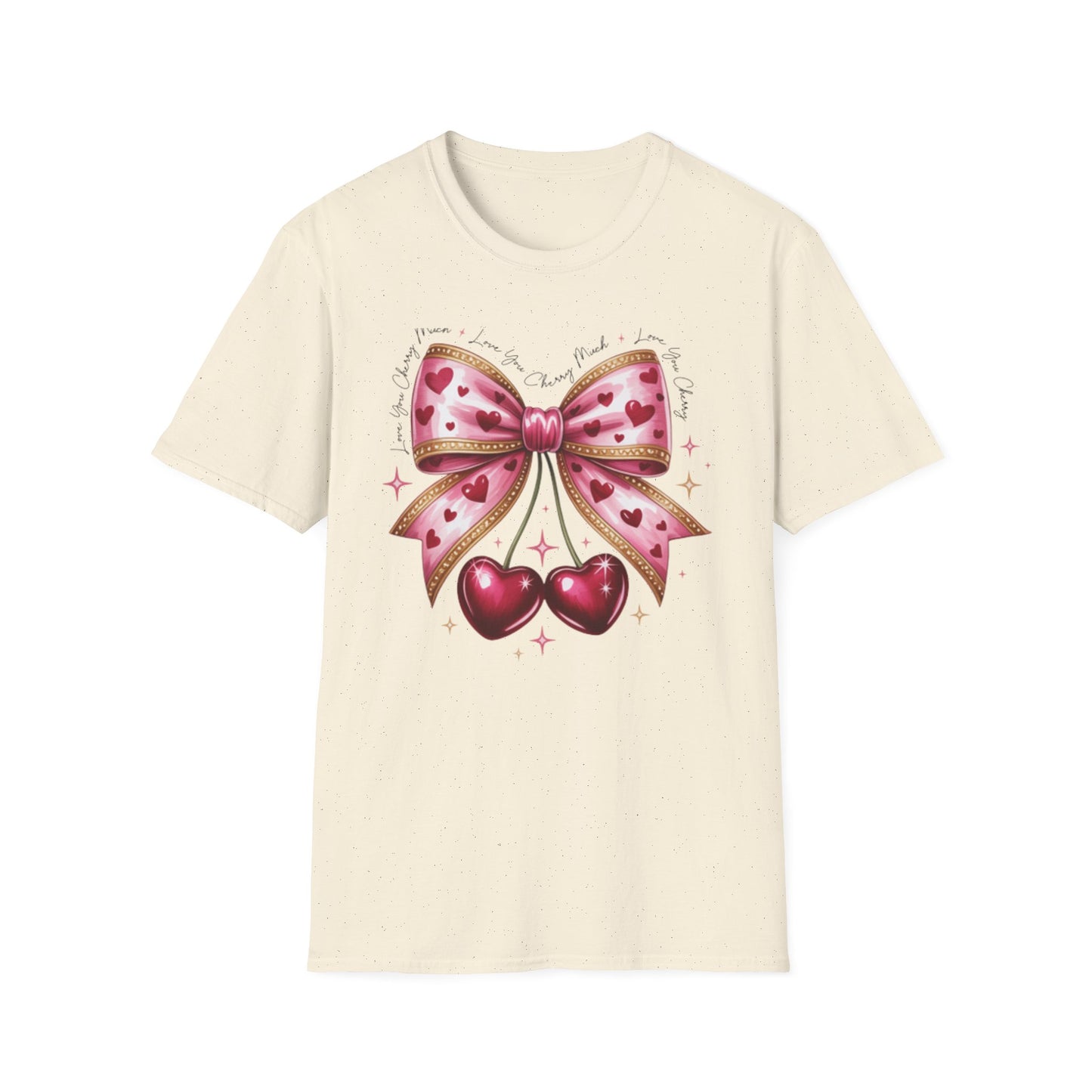 Chic Coquette Cherry Hearts Bow T-Shirt | Adorable Pink Romantic Aesthetic Tee | Sweet Valentine's Day Gift for Her