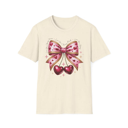 Chic Coquette Cherry Hearts Bow T-Shirt | Adorable Pink Romantic Aesthetic Tee | Sweet Valentine's Day Gift for Her