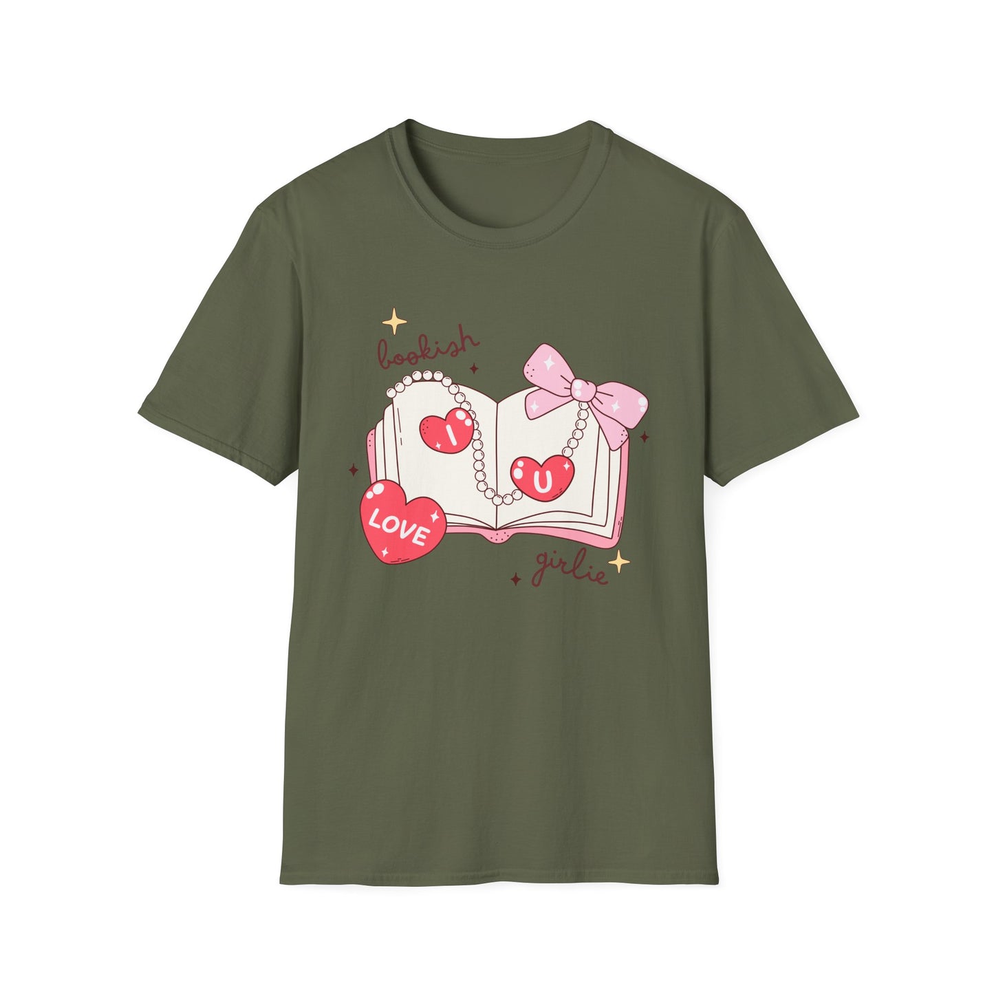 Sweet Bookish Girlie T-Shirt: 'I Love You' Hearts, Pearl Necklace & Pink Bow Design | Perfect Romantic Gift for Book Lovers