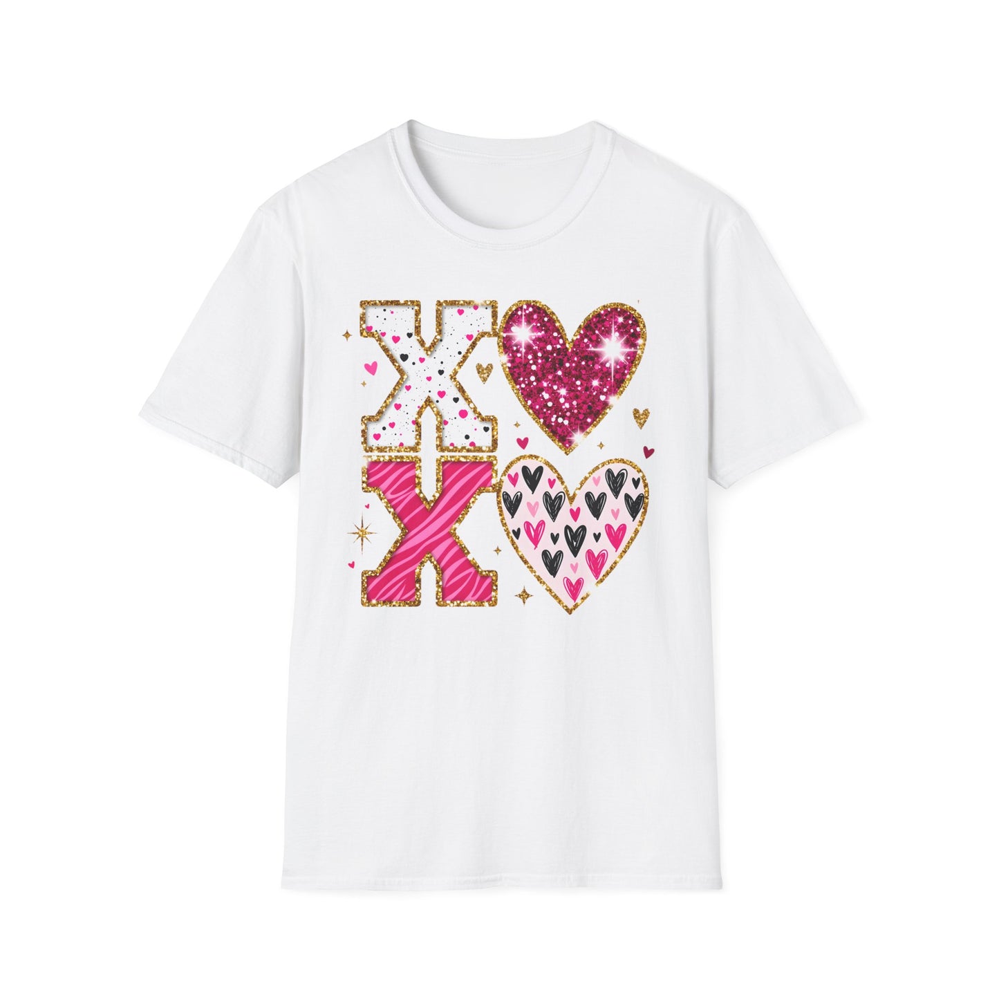 Sparkly XO Hearts T-Shirt | Adorable Pink Glitter Valentine's Day & Love Tee for Her | Hugs Kisses Style
