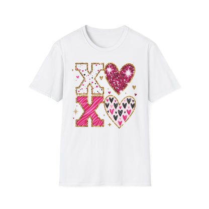 Sparkly XO Hearts T-Shirt | Adorable Pink Glitter Valentine's Day & Love Tee for Her | Hugs Kisses Style