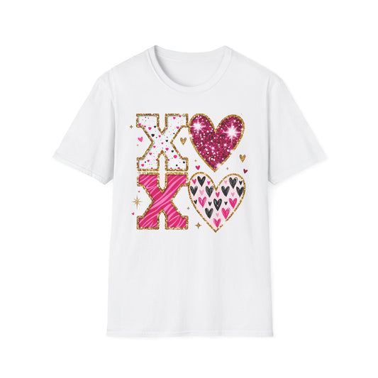 Sparkly XO Hearts T-Shirt | Adorable Pink Glitter Valentine's Day & Love Tee for Her | Hugs Kisses Style