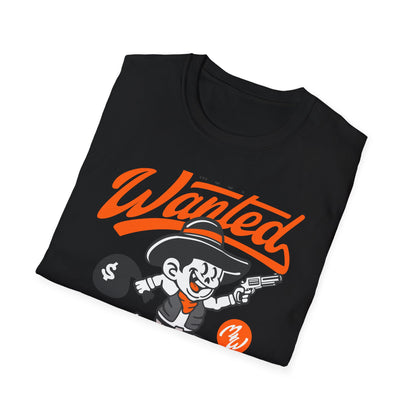 Most Wanted Urban Outlaw T-Shirt | Edgy Rebel Streetwear Tee with Cowboy, Gun & Money Bag Design. Unstoppable Style!