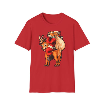 Epic Santa Riding Reindeer T-Shirt - Funny Christmas Piggyback Holiday Tee | Joyful Festive Apparel