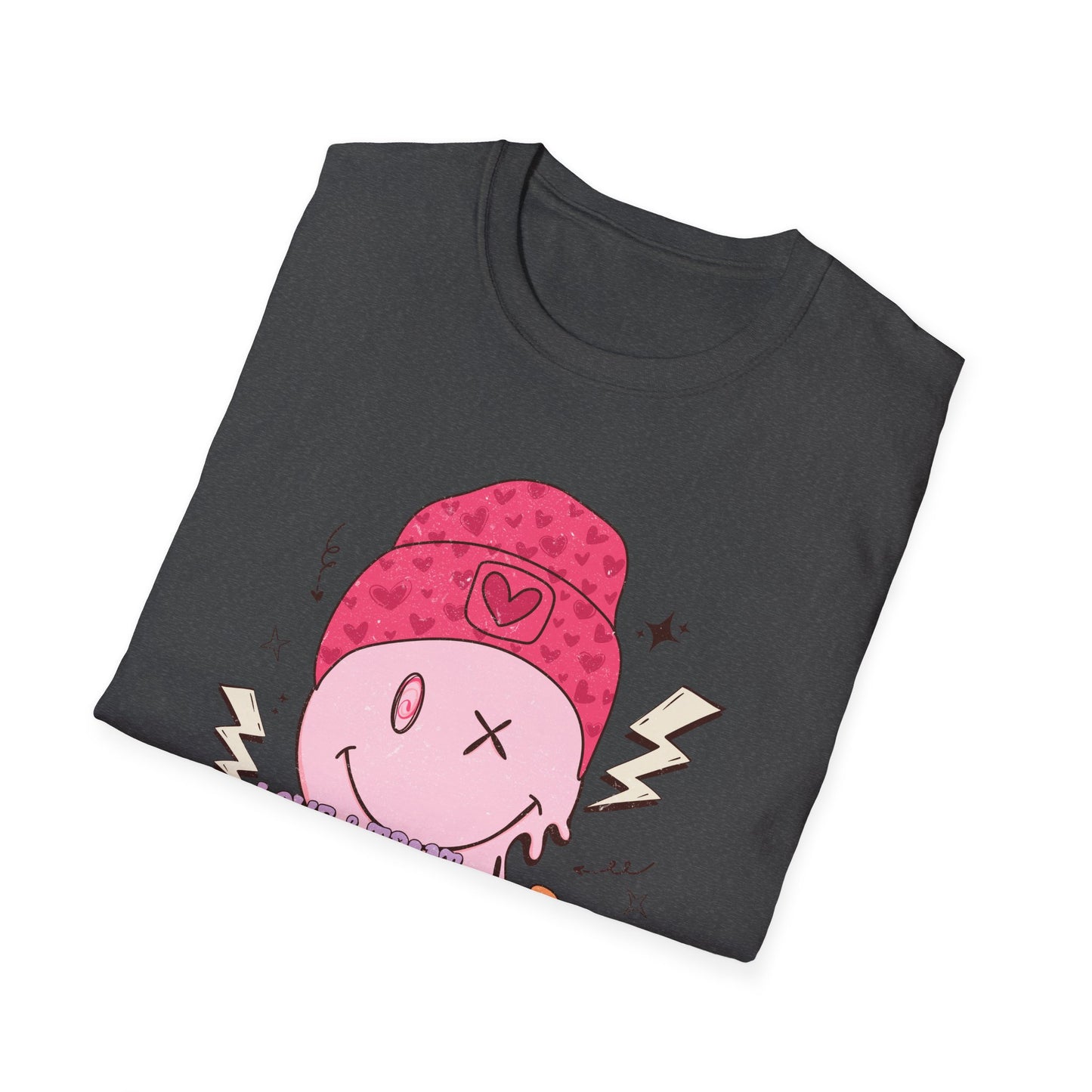 Trendy Groovy Melting Smiley T-Shirt - Empowering 'Love & Treat Yourself' Retro Self-Care Tee for Women
