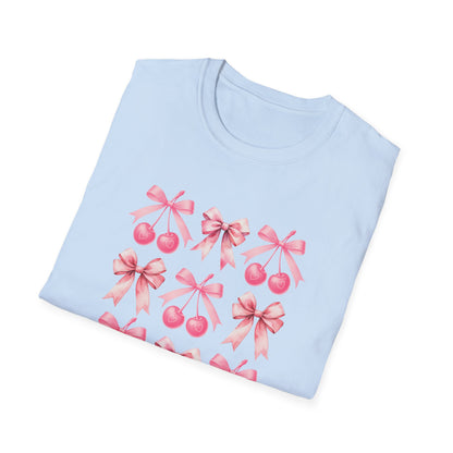 Chic Pink Bow & Cherry Heart T-Shirt | Adorable Coquette Aesthetic Tee | Sweet Girly Fashion Top for Women & Teens