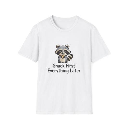 Adorable Raccoon Snack First Everything Later T-Shirt | Funny Foodie & Animal Lover Tee | Hilarious Comfort Wear Gift