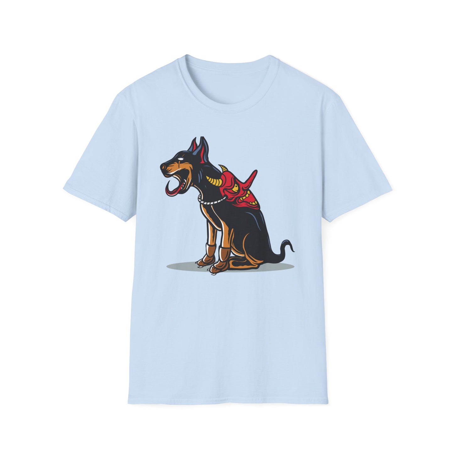 Fierce Doberman Hannya Mask T-Shirt: Epic Japanese Demon Dog Design. Bold Statement Tee for Edgy Dog Lovers & Culture Fans.