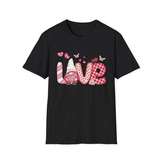Charming Valentine's LOVE Gnome T-Shirt - Adorable Heart & Rose Tee for Her, Perfect Romantic Gift Idea