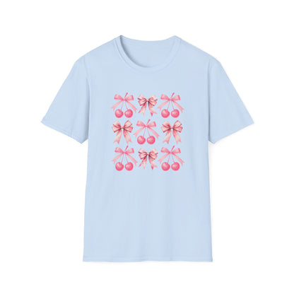 Chic Pink Bow & Cherry Heart T-Shirt | Adorable Coquette Aesthetic Tee | Sweet Girly Fashion Top for Women & Teens