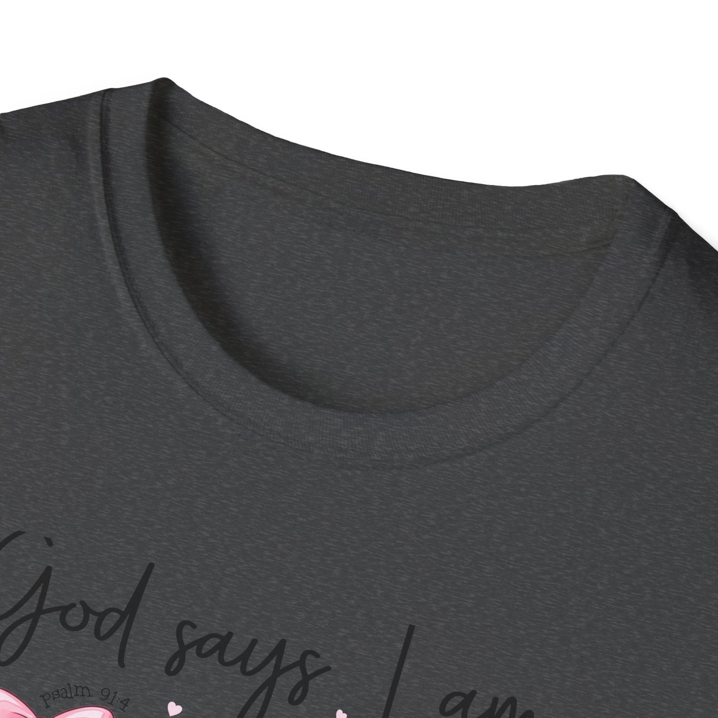 Empowering God Says I Am T-Shirt | Christian Affirmation Pink Bow Tee | Inspiring Bible Verse Faith Apparel for Women & Girls
