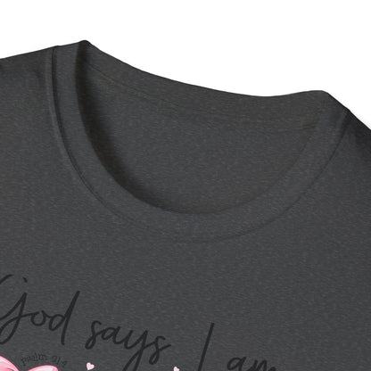Empowering God Says I Am T-Shirt | Christian Affirmation Pink Bow Tee | Inspiring Bible Verse Faith Apparel for Women & Girls