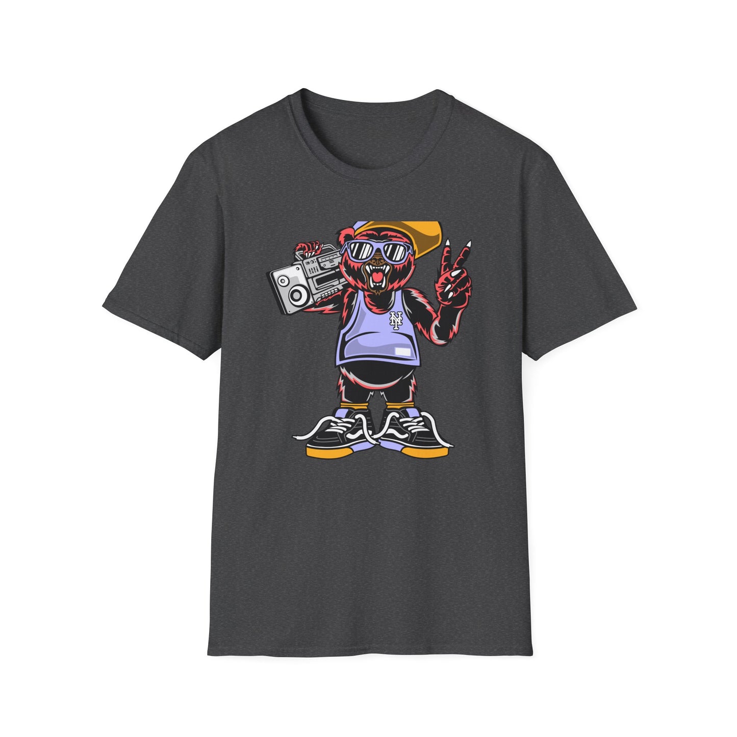 Rad Hip Hop Bear Boombox T-Shirt - Retro Street Style Graphic Tee for Music Lovers & 90s Fans