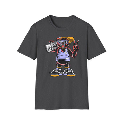 Rad Hip Hop Bear Boombox T-Shirt - Retro Street Style Graphic Tee for Music Lovers & 90s Fans