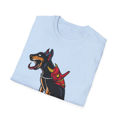 Fierce Doberman Hannya Mask T-Shirt: Epic Japanese Demon Dog Design. Bold Statement Tee for Edgy Dog Lovers & Culture Fans.