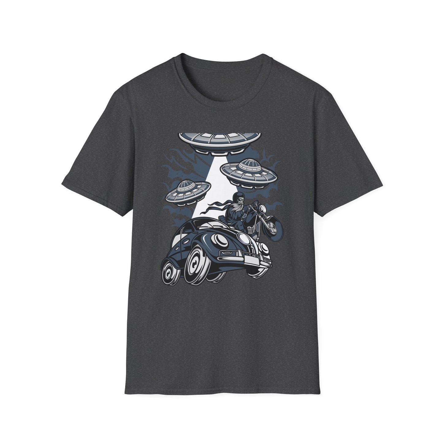 Epic Alien Invasion Biker VW Beetle T-Shirt | Unique Sci-Fi Chopper Car Lover Gift Tee