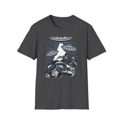 Epic Alien Invasion Biker VW Beetle T-Shirt | Unique Sci-Fi Chopper Car Lover Gift Tee