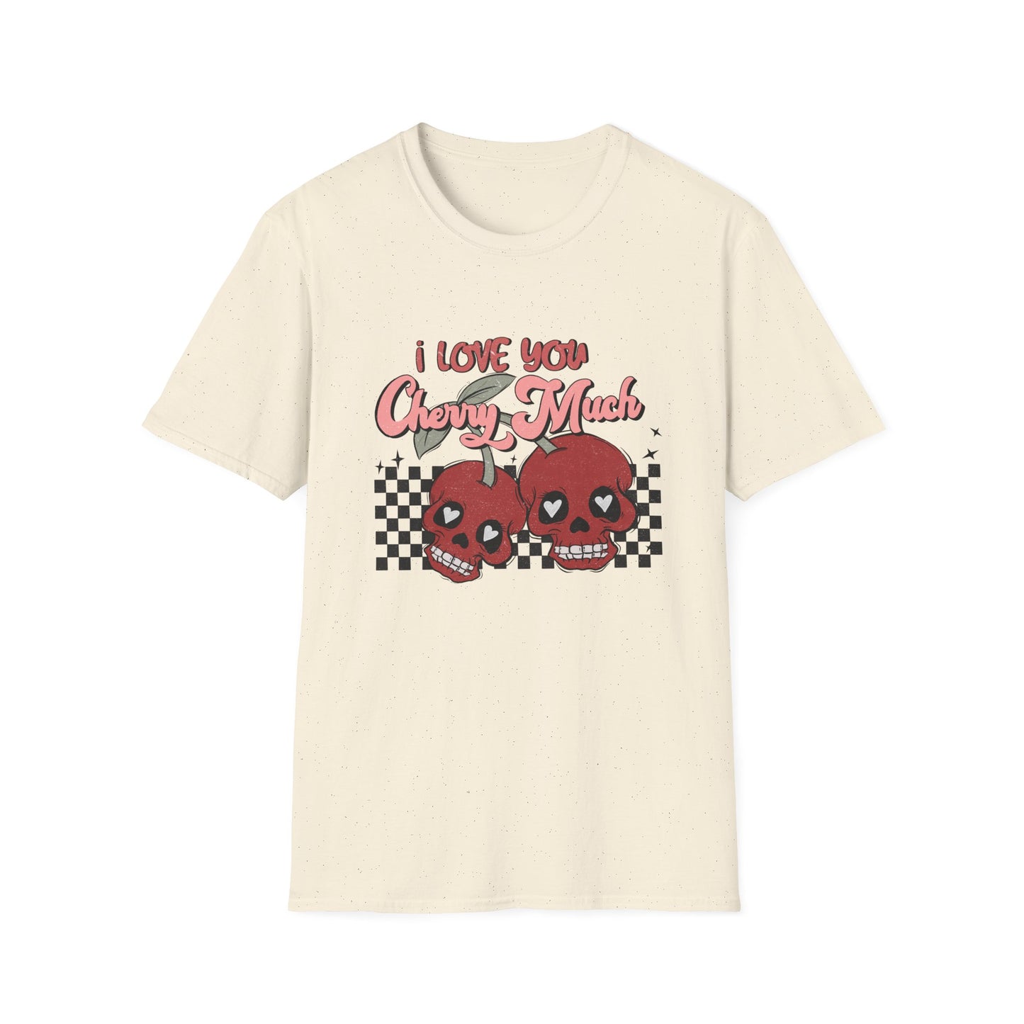 I Love You Cherry Much T-Shirt | Sweet Skull Cherries & Retro Checkerboard Tee | Unique Valentine's Love Pun Top for Couples