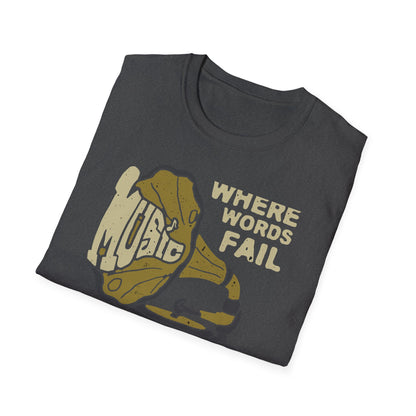 Expressive 'Where Words Fail Music Speaks' T-Shirt - Vintage Gramophone Design for Soulful Music Lovers