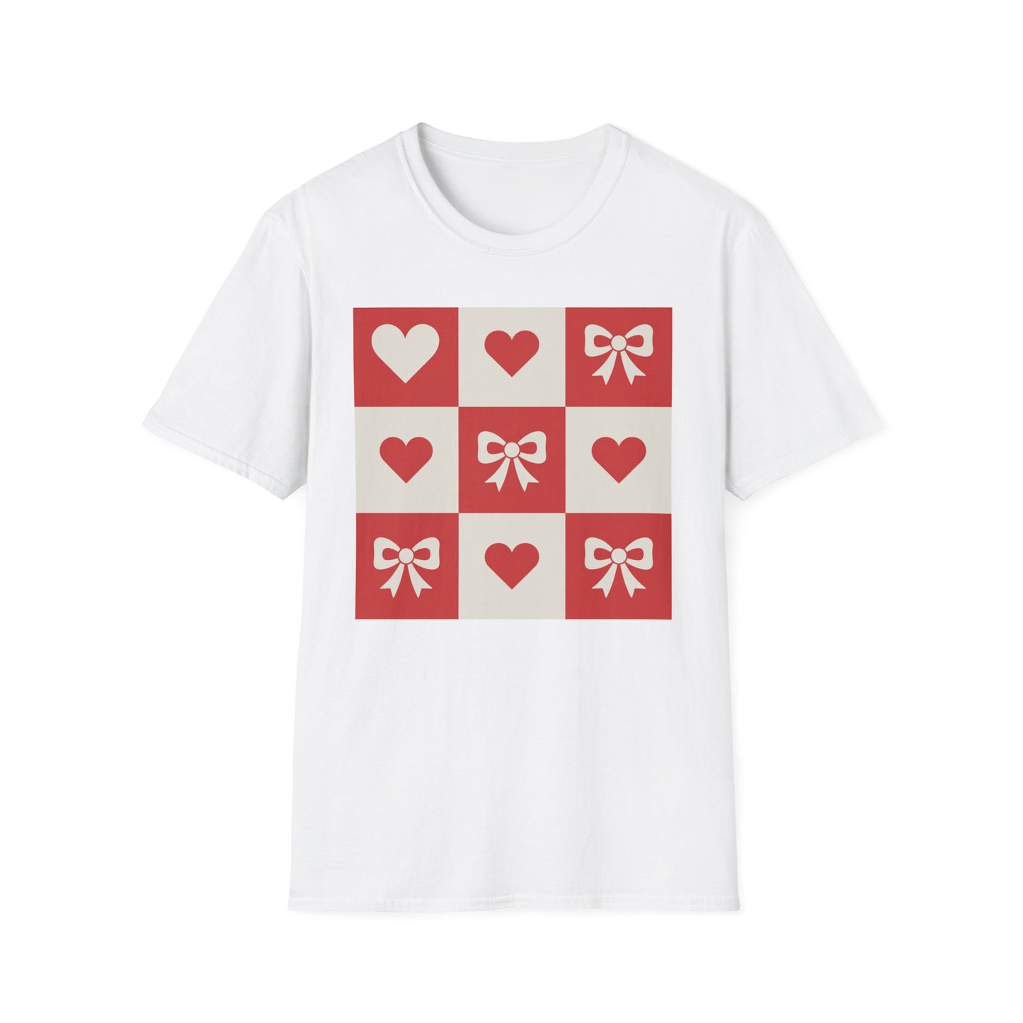 Charming Hearts & Bows Checkerboard T-Shirt | Sweet Love Pattern Tee | Perfect Valentine's Day Gift for Her