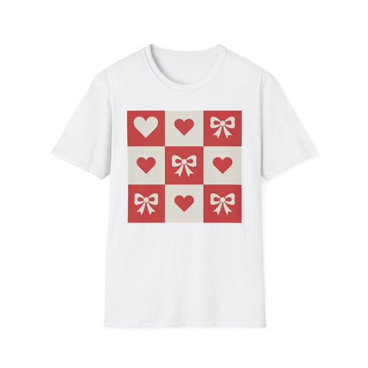Charming Hearts & Bows Checkerboard T-Shirt | Sweet Love Pattern Tee | Perfect Valentine's Day Gift for Her