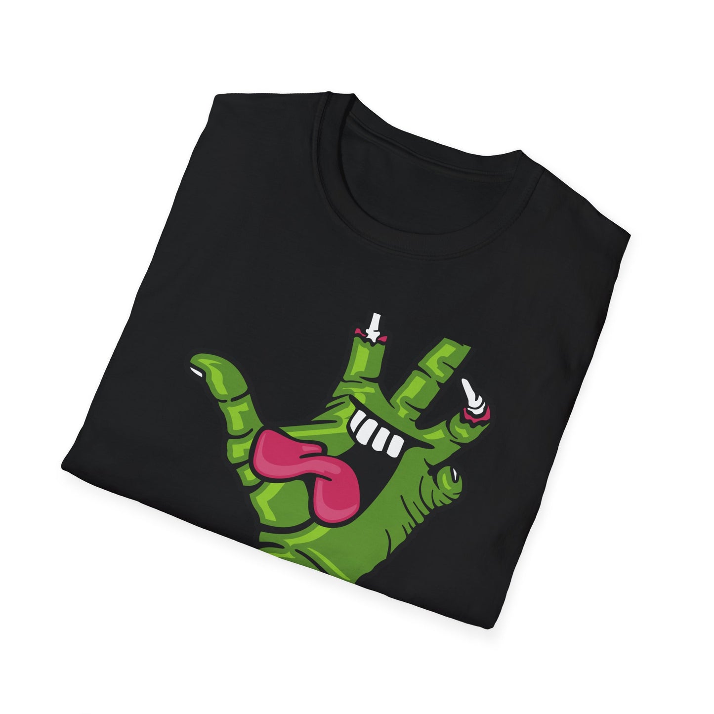 Groovy Zombie Hand T-Shirt with Smiling Monster Face | Spooky Halloween Rock On Tee | Creepy Fun Apparel