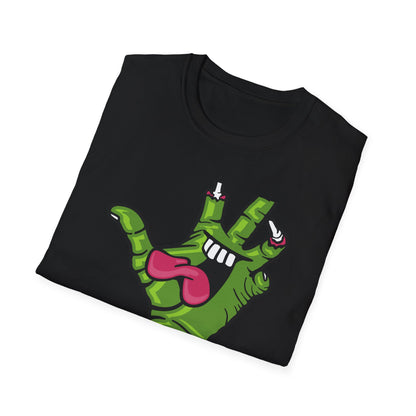 Groovy Zombie Hand T-Shirt with Smiling Monster Face | Spooky Halloween Rock On Tee | Creepy Fun Apparel