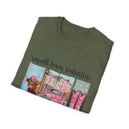 Charming Small Town Valentine T-Shirt | Cute Highland Cow, Pink Truck & Cowboy Boots | Adorable Romantic Gift for Her