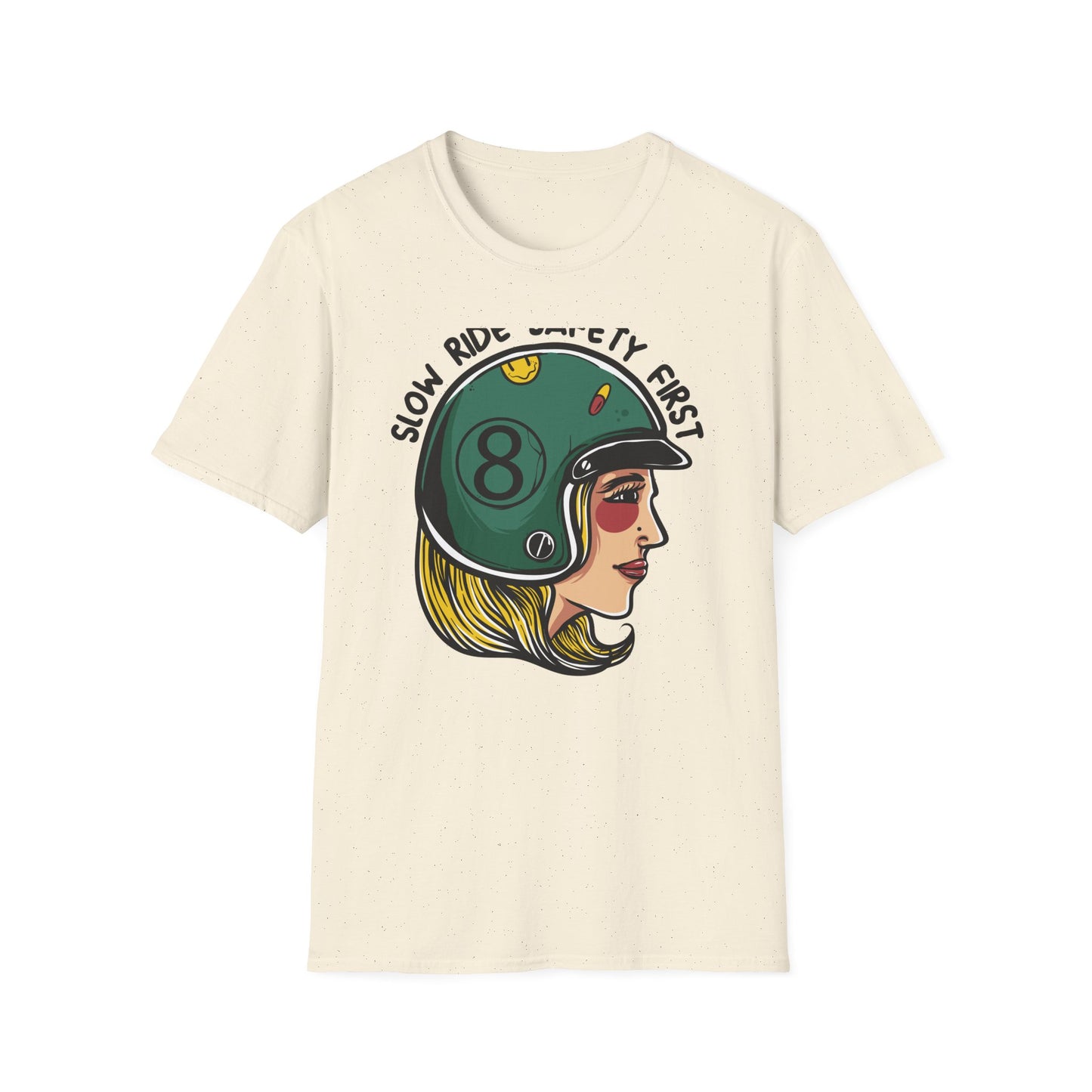 Vibrant Biker Girl Helmet T-Shirt | "Slow Ride Safety First" Retro Motorcycle Rider Tee for Women