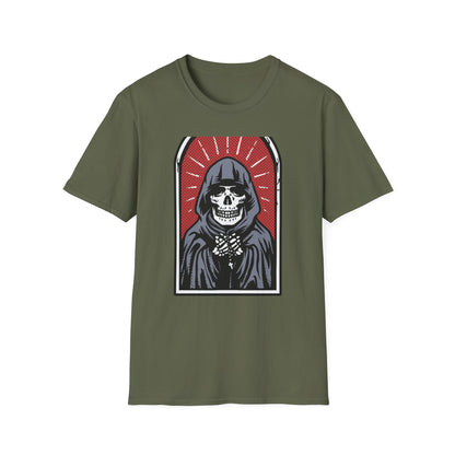 Bold Pop Art Skeleton T-Shirt: Hooded Grim Reaper with Rosary - Unique Gothic Alt Style Tee