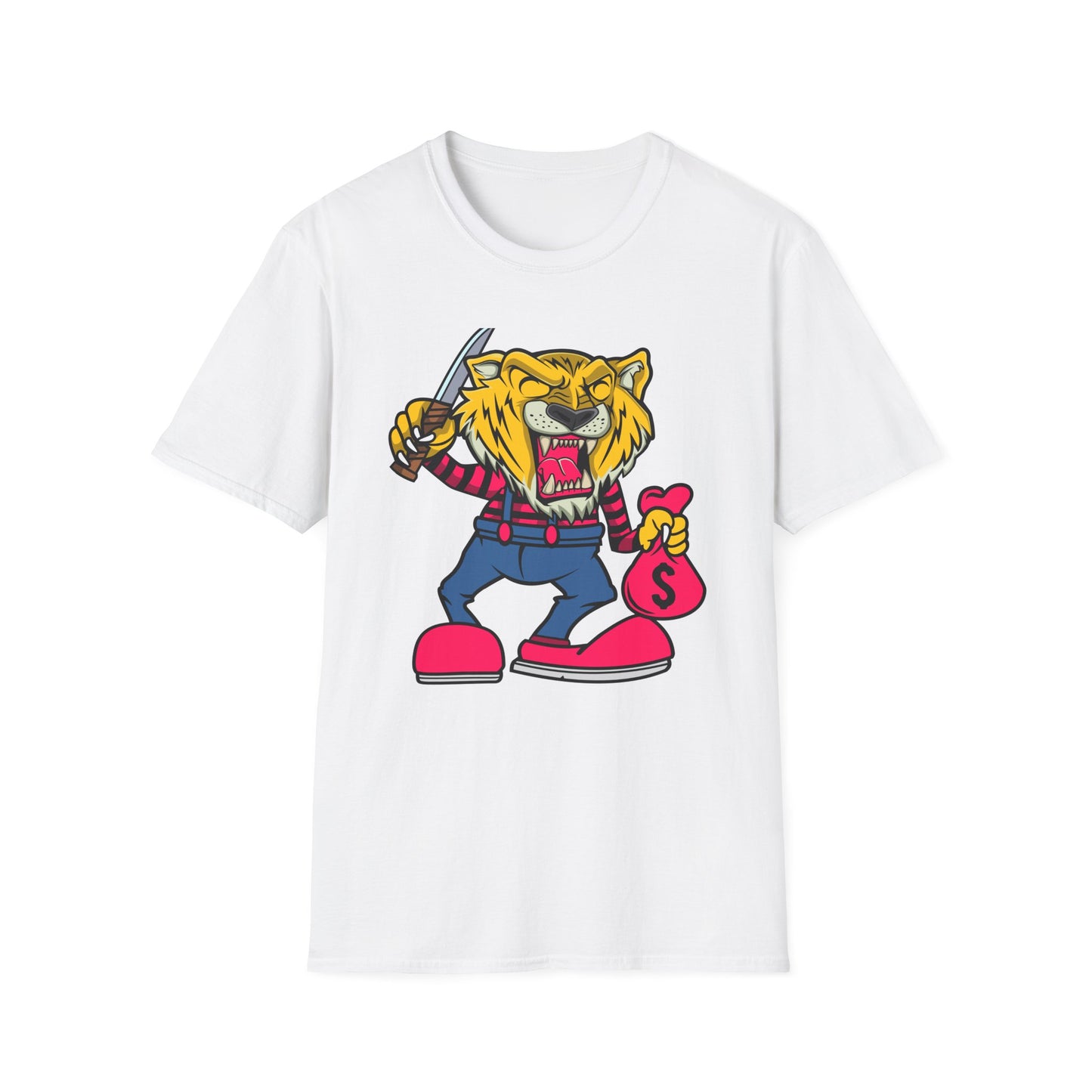 Fierce Tiger Hustler T-Shirt: Bold Roaring Gangster Streetwear Graphic Tee with Knife & Money Bag