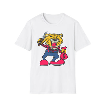 Fierce Tiger Hustler T-Shirt: Bold Roaring Gangster Streetwear Graphic Tee with Knife & Money Bag