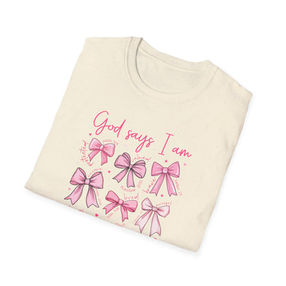 Powerful "God Says I Am" Christian T-Shirt for Women | Inspiring Bible Verse & Pink Bows Tee | Empowering Faith Gift