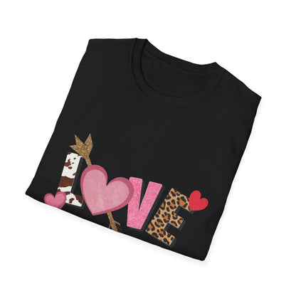 Chic LOVE T-Shirt with Sparkling Glitter Hearts & Bold Animal Print | Trendy Valentine's Day & Everyday Fashion Tee for Her