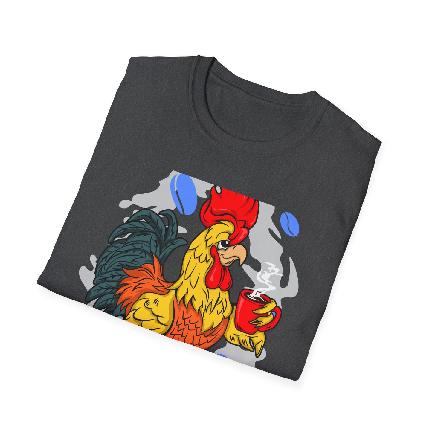 Hilarious Coffee Rooster T-Shirt for Early Birds & Coffee Lovers | Charming Morning Wake-Up Tee with Bunny Slippers | Unique Gift