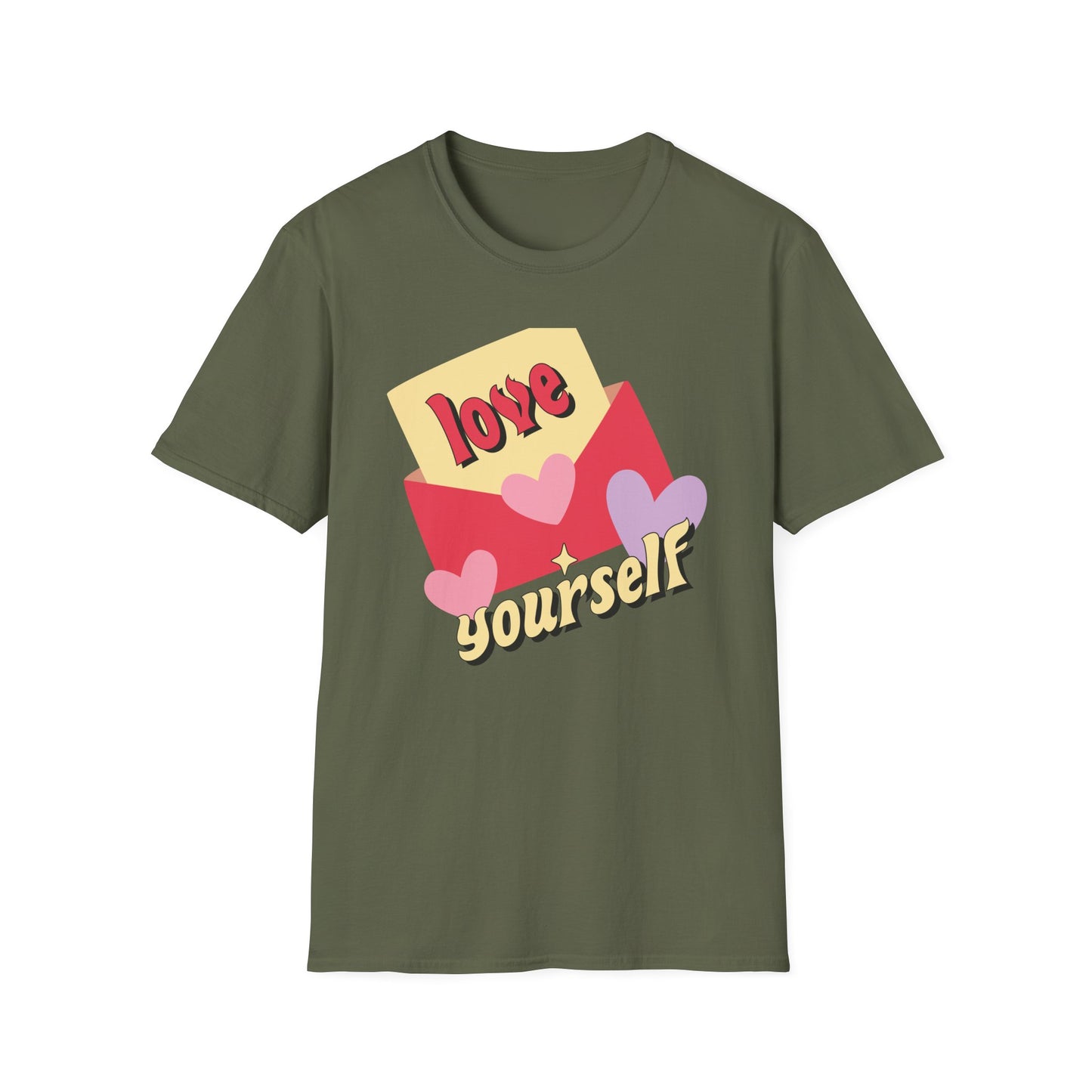 Empowering "Love Yourself" Retro T-Shirt | Chic Self-Care Message Tee | Adorable Hearts & Love Letter Design for Women
