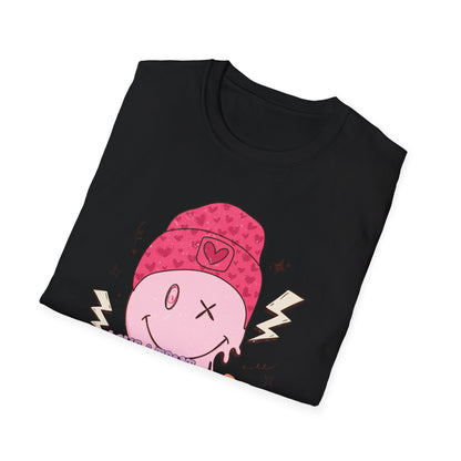 Trendy Groovy Melting Smiley T-Shirt - Empowering 'Love & Treat Yourself' Retro Self-Care Tee for Women