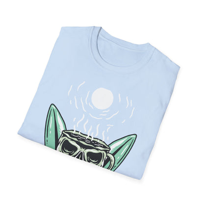 Skull Coffee Surfboard T-Shirt | Edgy Summer Beach Vibes Tee | Unique Design for Coffee Lovers & Surfers