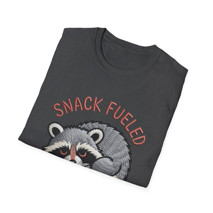 Adorable "Snack Fueled" Raccoon T-Shirt | Funny Embroidered Wildlife Tee for Animal Lovers | Cute & Cozy Gift