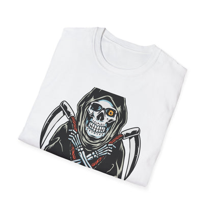 Epic Grim Reaper T-Shirt: Skull & Scythes Design. Bold Gothic Halloween Tee for Men & Women. Unleash Your Inner Darkness!