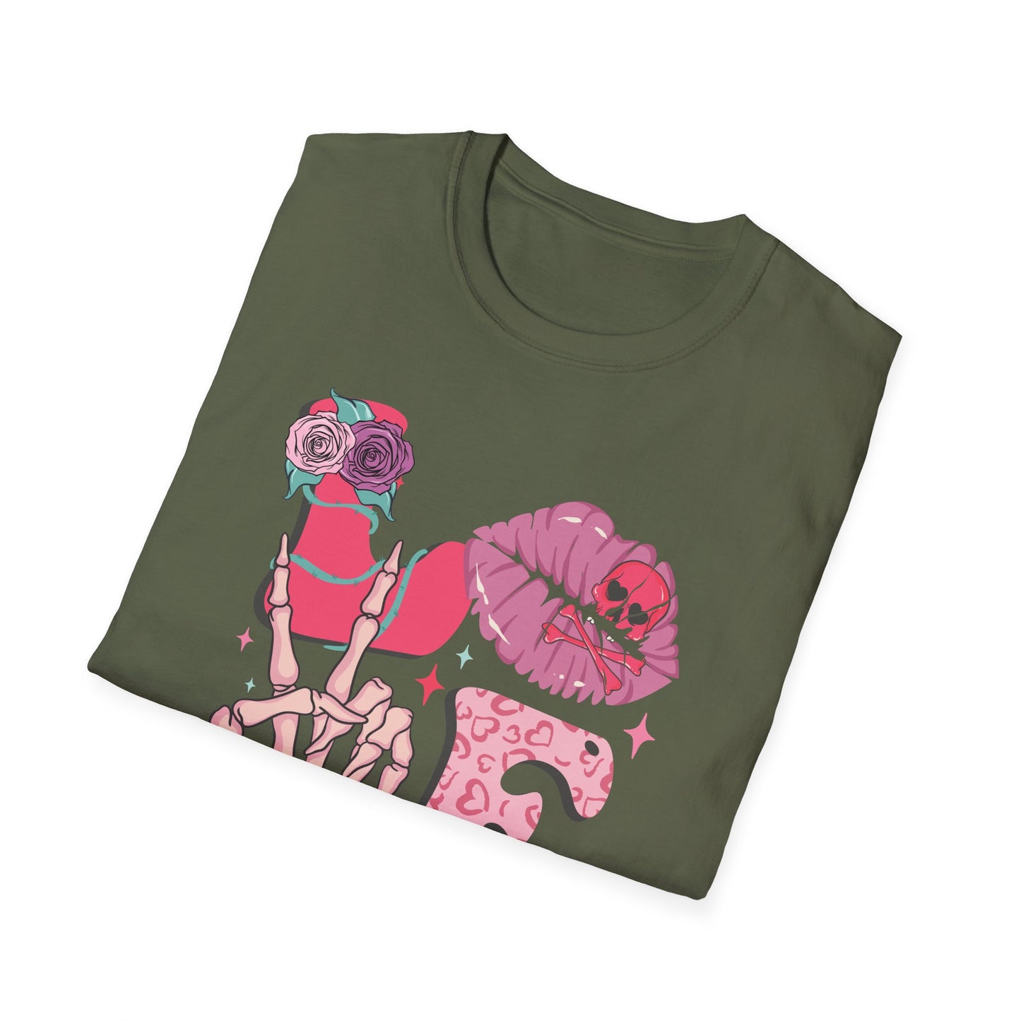 Edgy Pink Grunge T-Shirt: Skull Kiss, Peace Skeleton Hand, Roses & Heart Initial 'E' Design. Trendy Alt Fashion Tee.